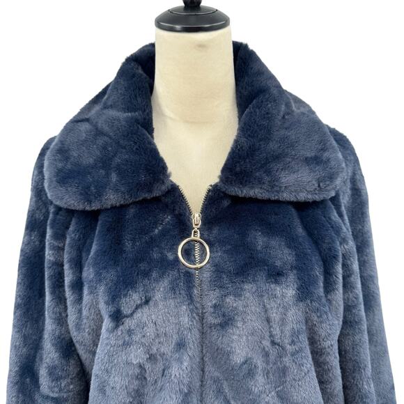 Molly Bracken Dark Navy Soft Faux Fur Wide Collar Zipper Bomber Jacket w Pockets - Picture 6 of 13